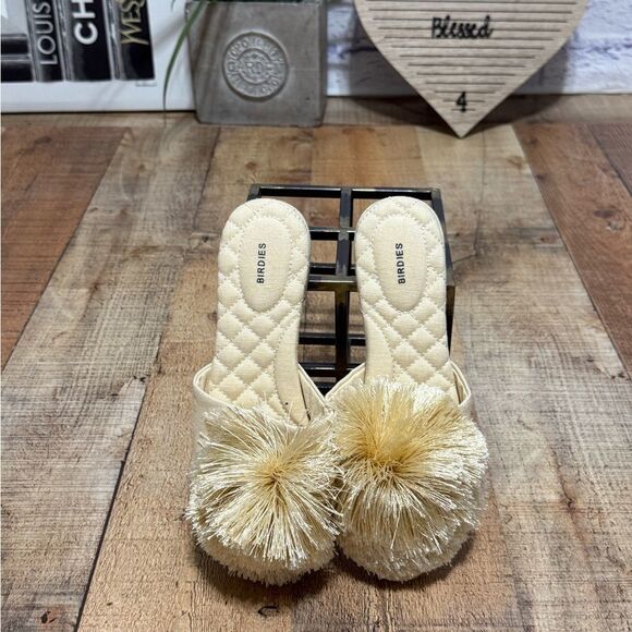 Birdies The Songbird Mule Linen Fabric Cream 6 Pom Fringe Feather Cushion Glam - Picture 5 of 10